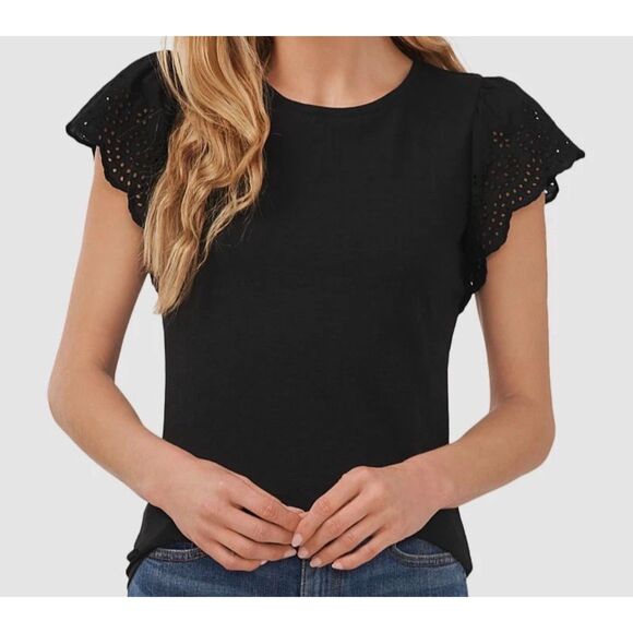 CeCe Short Sleeve Top Size S Black Eyelet Flutter Sleeve Crewneck T-Shirt - Picture 2 of 7